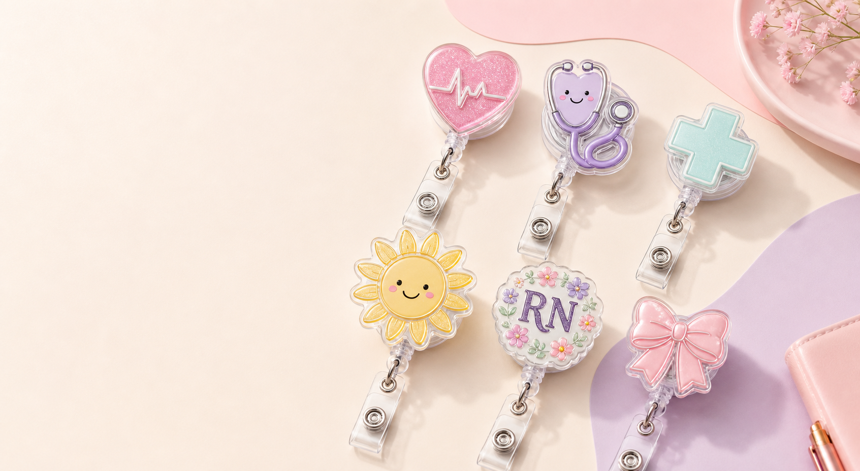 Pastel badge reels arranged on a cream background